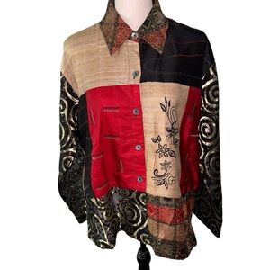 Coldwater Creek Multicolor Patchwork Boho Button-Up Silk Embroidered Top Size M